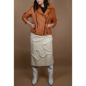 ROCKO Rust Beige Leather Collared Biker Jacket Size L